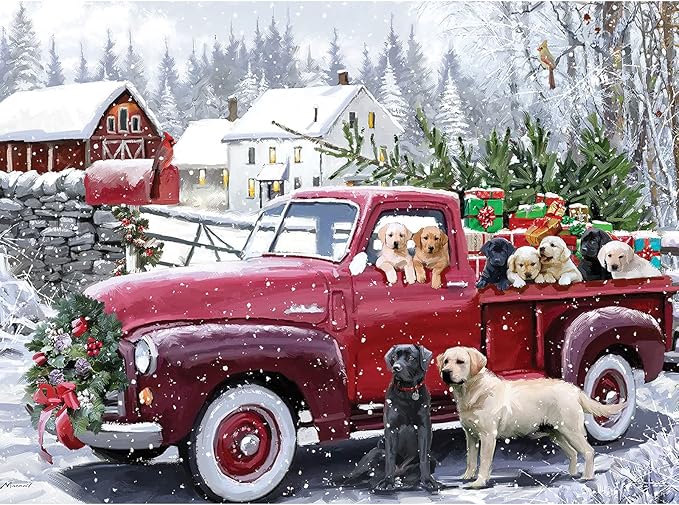 Bits and Pieces 500 Piece Puzzles for Adults - Large 15" x 19" Jigsaw Puzzles 500 Pieces Red Truck Presents Dogs, Random Die Cut, No 2 Pieces Alike, Christmas Delivery