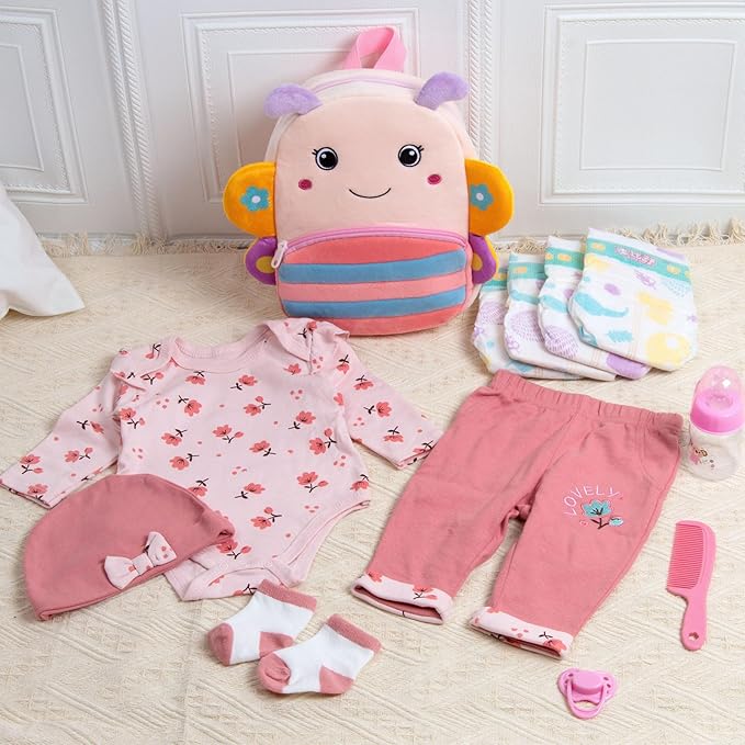 12 Pcs Reborn Baby Doll Clothes Floral Outfits for 17-22 Inch Reborn Dolls Girl with Backpack and Soft Diapers Babydoll Accessories