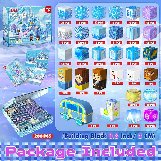 200 PCS Magnetic Blocks, Light Up & Transparent Magnetic Building Block for Blue Snow Princess Castle, Magnet Cubes Frozen Toys for Girls Age 3 4-8 8-12 Birthdays Gift for Kids, Easter Basket Stuffers