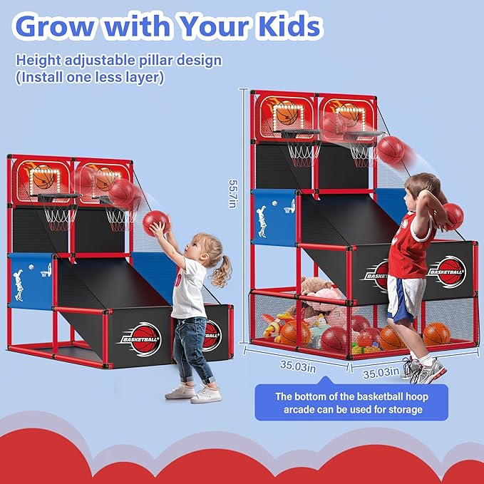 M SANMERSEN Kids Double Basketball Hoop Arcade Game Set with 6 Balls Electronic Scoreboard LED Light, Indoor & Outdoor Play, Birthday/Halloween for 3-8 Year Old Boy and Girl