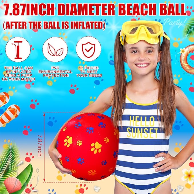12 Pack Red Dog Paw Themed Beach Ball for Kids 7.87" Bulk for Summer Pool and Beach Game Gifts Red and Dog Birthday Party Supplies and End of the Year Class Party Decorations Favor