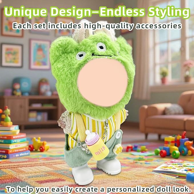 Clothes for Labubu 17cm Doll (NO Doll), 5 Piece Labubu Clothes Set, Cute Labubu Outfits with Accessories, Handmade Crochet La Bubu Doll Dress Up Set（Keroppi）