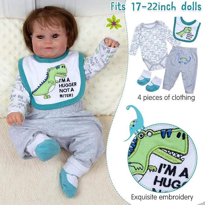 12Pcs Reborn Boy Baby Doll Clothes Accessories Dinosaur Clothes for Reborn Baby Doll 17-22 Inch Realistic Outfits with Bassinet Diapers Blue Newborn Doll Stuffs