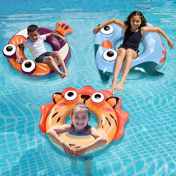 Pool Wave Kids Swim Rings Pool Floats, Toddler Inflatable Animal Swimming Tube Floaties, Summer Outdoor Water Floating Toy, Family Party Gift 3 4 5 6 7 8 9 Year Old Boy Girl Children Teen - 3 Pack