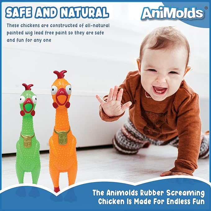 Animolds Squeeze Me Rubber Chicken Toy | Screaming Squeaky Chicken for Kids & Dogs | Novelty Prank Gag Gift (2 Pack Solid)