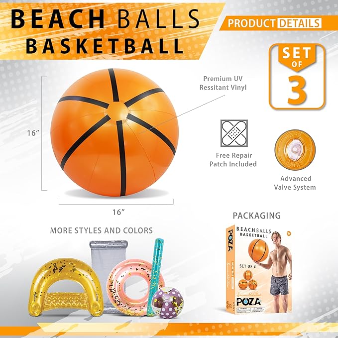 POZA Inflatable Beach Balls - Elegant Glitter Confetti Premium Floaters, Heavy Duty Vinyl Floatation Pool Toys for Pool Beach Party, UV Resistant Pool Décor