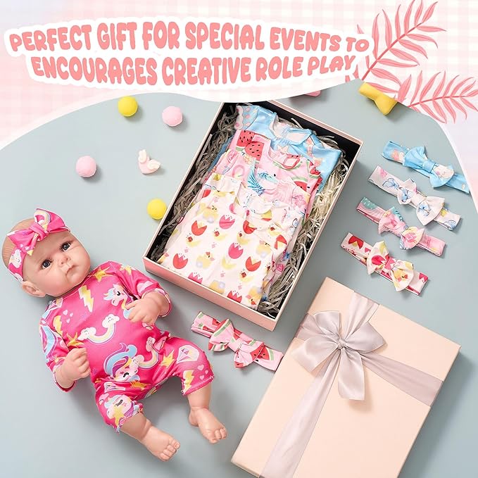 6 Set 18In Reborn Baby Doll Clothes Accessories Romper Suit and Bow Headband for Newborn Baby Doll Girl Kids Gift