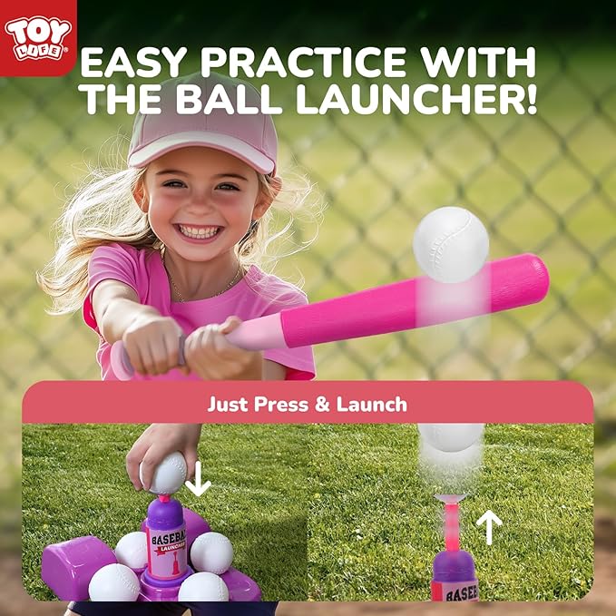 TOY Life T Ball Sets for Kids 3-5, Baseball Set for Toddler Girls, TBall Stand with Ball Launcher and 6 Teeballs, Indoor/Outdoor Sport Toys Gifts for Girls, Pink