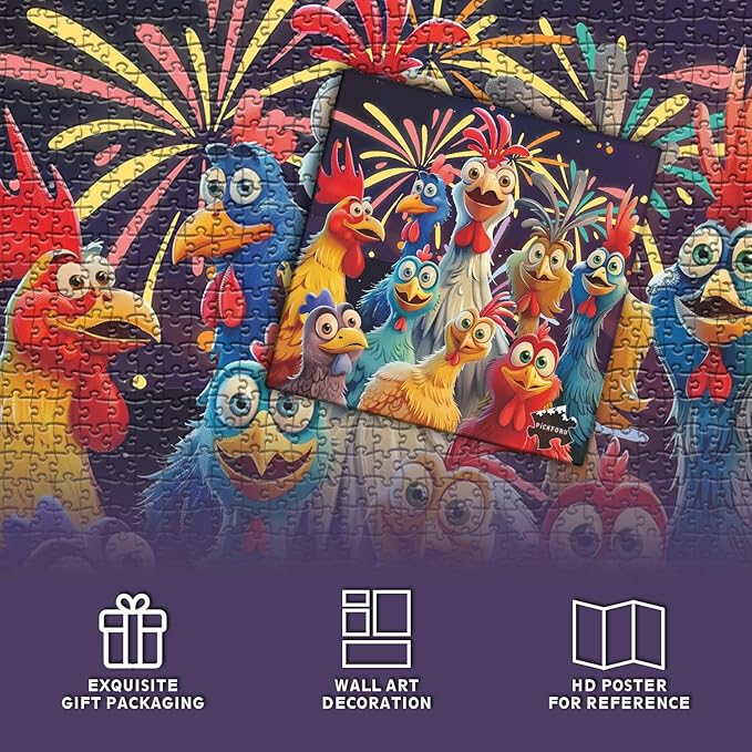 Chicken Puzzles for Adults 1000 Pieces, PICKFORU Happy Chicken Jigsaw Puzzle 1000 Pieces, Funny Rooster Hard Difficult Thanksgiving Puzzle as Wall Art