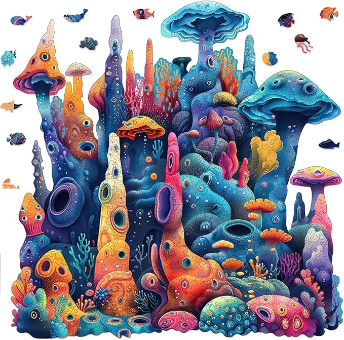 Qiuenisray Wooden Puzzles 500 Pieces, Coral Ocean Jigsaw Puzzles, FSC Certified Wood Puzzle, Wall Decor, Unique Shape Puzzle Piece, Creative Gift for Family Game 16.6x16.9 in