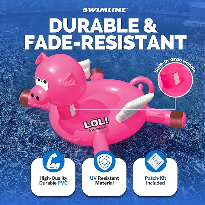 SWIMLINE ORIGINAL 90266 Giant Inflatable LOL Pig Pool Float | Oversized Ride-On Raft with Stable Legs & Wings | Loung Floatie Perfect for Parties & Cooling