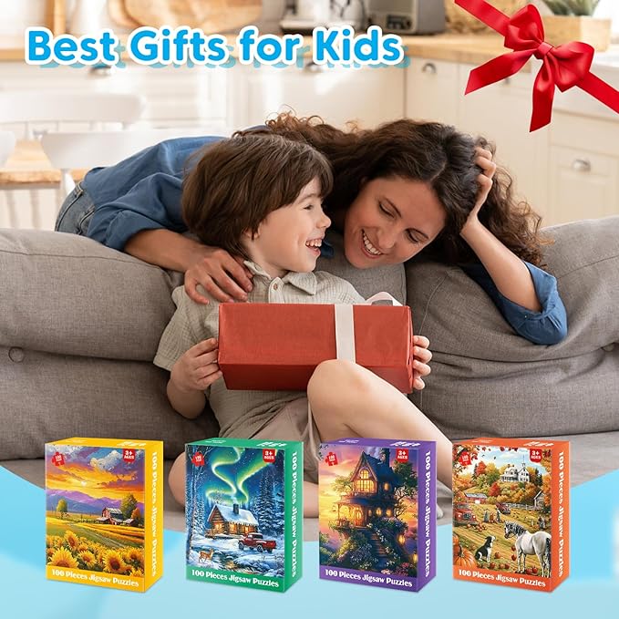 4 Packs 100 Piece Puzzles for Adults, 4 Themed Large Piece Puzzles for Seniors Jigsaw Puzzles for Kids Ages 6-8 8-10 Learning Educational Toys for Boys and Girls