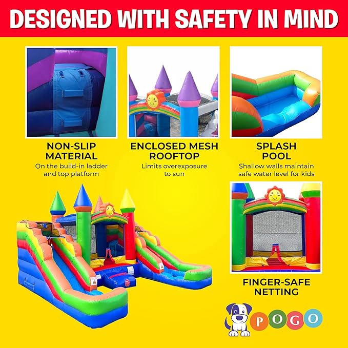 Crossover Rainbow Double Water Slide Bounce House Combo, 16.5 x 15 x 11 Foot, PVC Vinyl Inflatable Bouncy House for Kids, Wet or Dry Slides, with Stakes and Storage Bag, Blower not Included