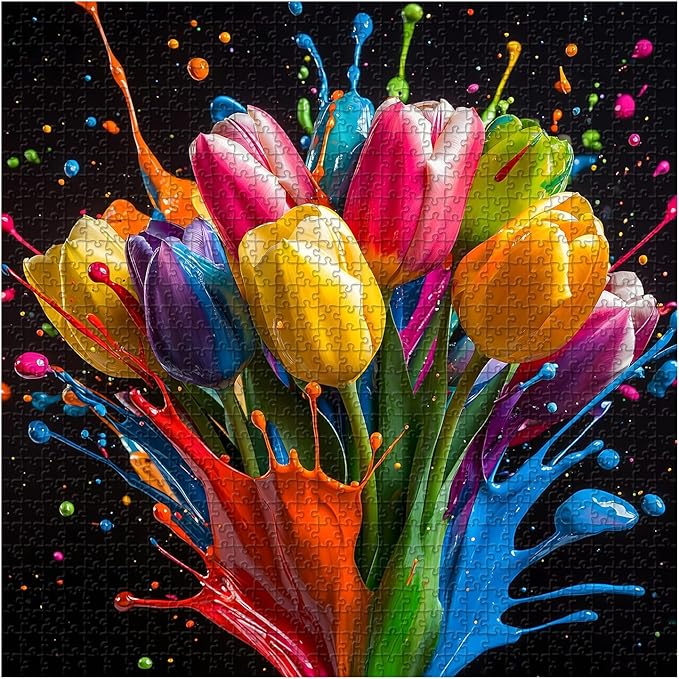 Gradient Tulips 1000 Piece Puzzle for Adults, PICKFORU Coloful Flowers Art Jigsaw Puzzles, Hard Challenging Spring Plant Theme as Wall Decor