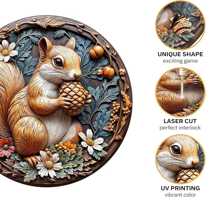 Jigfoxy Wooden Puzzles for Adults, Squirrel Wood Puzzles Adult, Unique Animal-Shaped Wooden Jigsaw Puzzles for Adults, Christmas Thanksgiving Gifts for Family and Friends (S-8.5 * 8.5in-100pcs)