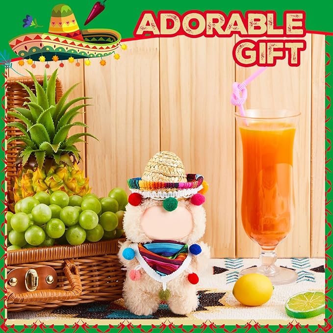 Shyyween 2 Pcs 17cm Doll Mexican Costume Accessories Mini Western Cowboy Mexican Hat with Bandana Scarf Outfit Set Accessories for Birthday Christmas Anniversary Collectors' Gift, Doll Not Included