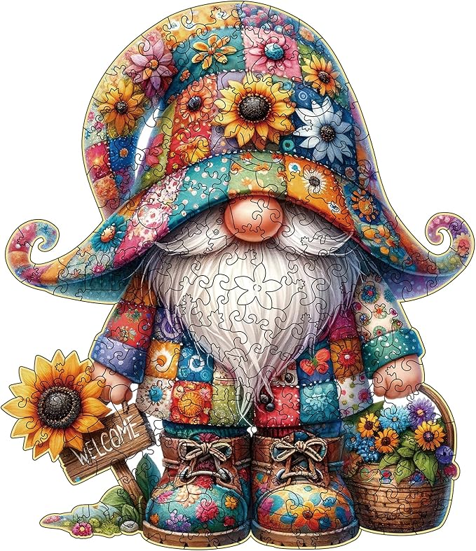 Wooden Jigsaw Puzzles, 300 Pieces Gnome Wooden Puzzles for Adults with Unique Shape, Large Wooden Puzzles with Exquisite Wooden Box Packaging