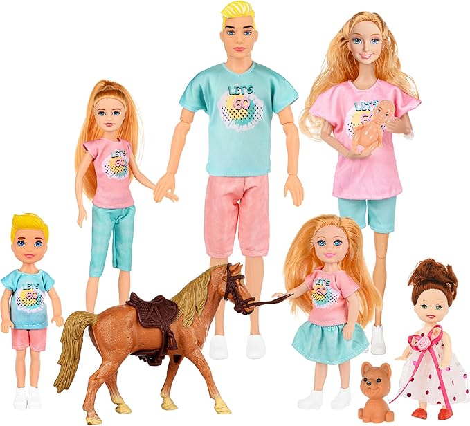 Family Dolls Set of 7 People Include Pregnant Mom Dad 4 Kids, a Small Baby in Mommy's Tummy,a Puppy Dog and a Little Horse, Doll Playsets and Accessories for 3-12 Years Old Toddlers Gift