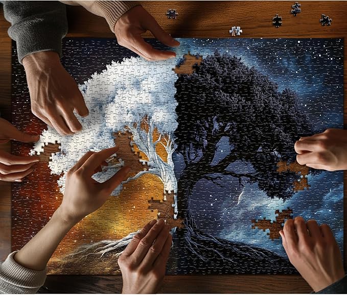 PICKFORU Tree of Life Puzzles for Adults 1000 Pieces, Fantasy Plant Black and White Puzzle, Nature Starry Night Galaxy Yingyang Jigsaw Puzzle Challenge