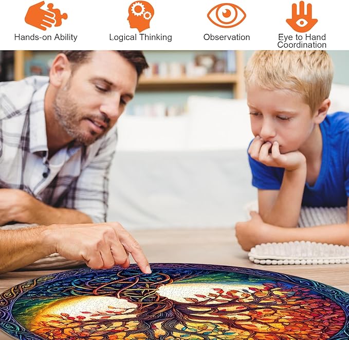 Tree of Life Puzzles for Adults 1000 Pieces - Stained Glass Jigsaw Puzzle with 3D Visual Effect, Challenging Colorful Mosaic Puzzle with Letters on Back, Challenging Hard Difficult Round Puzzles Games