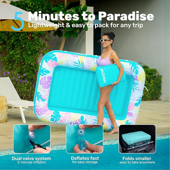 SLOOSH Inflatable Tanning Pool Lounger Float, 70" x 46" Pool Floats Adult with Pillow, 4 in 1 Suntan Tub Raft Floatie,Sunbathing Bed Lounge for Water Blow Up Ball Pit Party Gifts, L-Tropical Blue