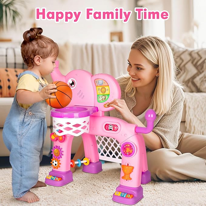 Toddler Basketball Hoop & Soccer Goal, Toys for 1 2 3 Year Old Boys Girls, Kids Sports Toy with Light Sound Music, Montessori Toys for Baby 12-18 Months, Christmas Birthday Gifts for Ages 1-3(Pink）