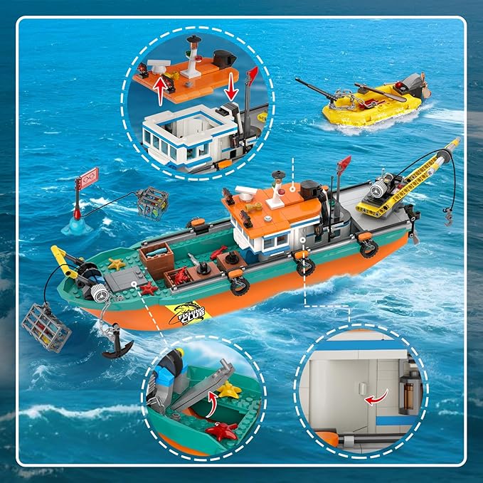 City Fishing Boat Wharf Building Set - Floatable Sea Fishing Ship Building Block Kit with Speedboat Crane Containers Exploration Boats Toy Birthday Gift for Kids Boys Girls 6 7 8 9 10+, 762PCS