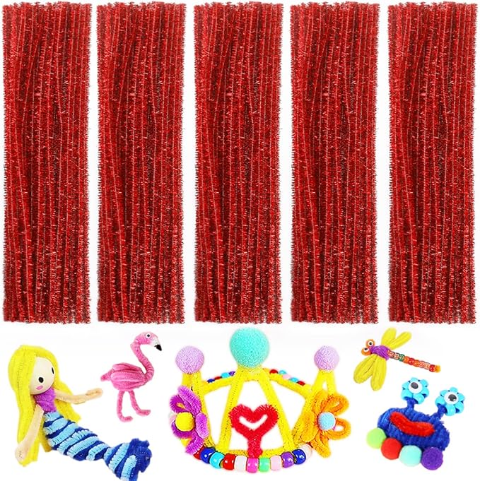 Red Glittery Pipe Cleaners for Crafts and Arts - Craft Supplies, Art Supplies