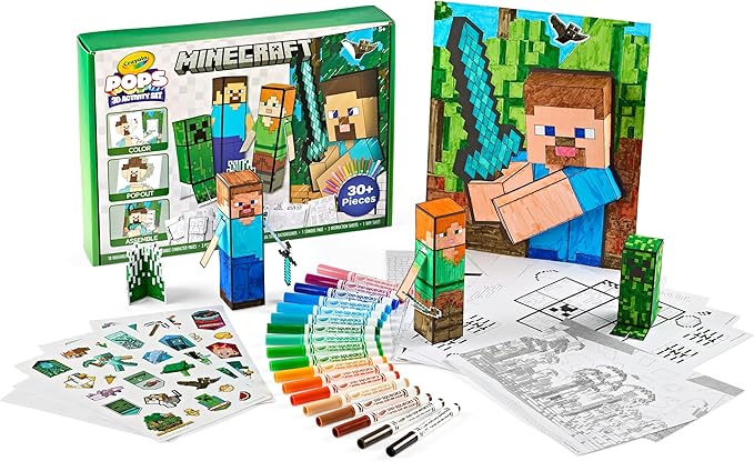 Crayola Minecraft POPs 3D Art Kit for Kids, Create 3D Characters, Coloring Activity Set with Markers & Stickers, Minecraft Toys, Gift for Boys & Girls