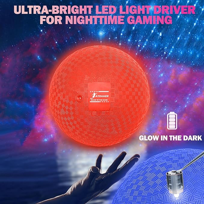 8.5 Inch Light up Kickball Set, Dodgeballs 2 Pack, Playground Balls Gift for Kids, Glow Bouncy Balls Includes Pump Storage Bag, Handball for Night, Glow in The Dark Party Supplies