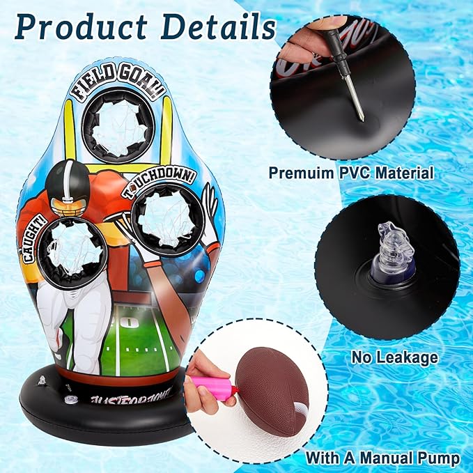 Inflatable Pool Toss Games, Football Target Toss Game with Mini Footballs for Kids Throwing Training Games for Yard Outdoor Indoor Beach Family Party Birthday Gift