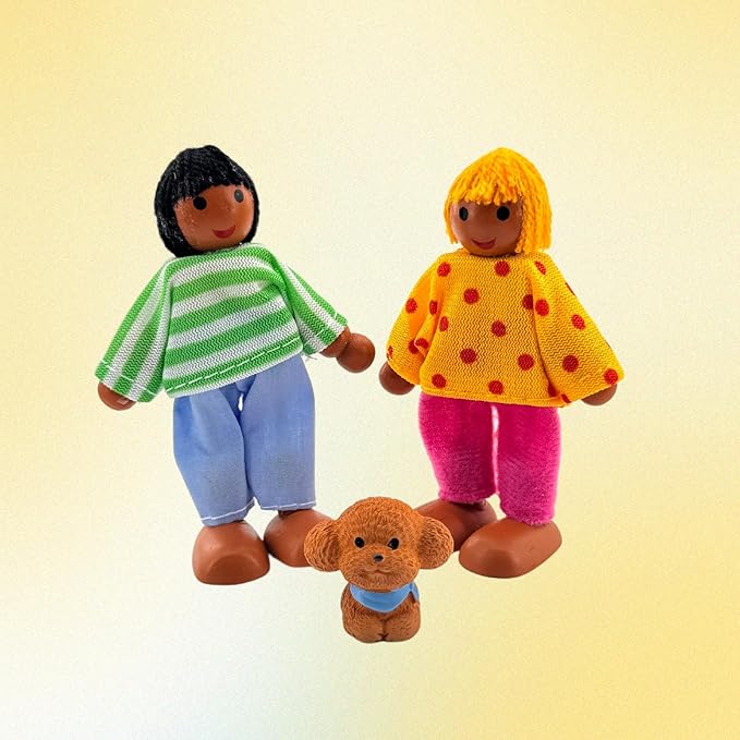 12 Pieces Wooden Dollhouse Family Set with Dog Cat Mini People Figures Dollhouse Dolls Wooden Doll Family Pretend Play Figures Accessories for Pretend Dollhouse (Style 3)
