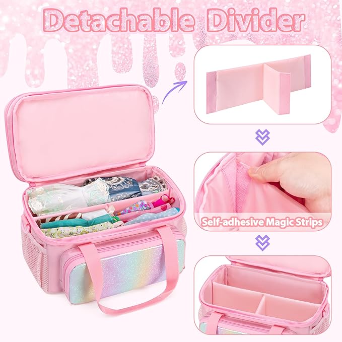 GRAOSO Carrying Case Compatible with Barbie Doll Clothes, Doll Accessories Storage Organizer, Double Layer Design, with Handle and Detachable Shoulder Strap, Case only (Pink)