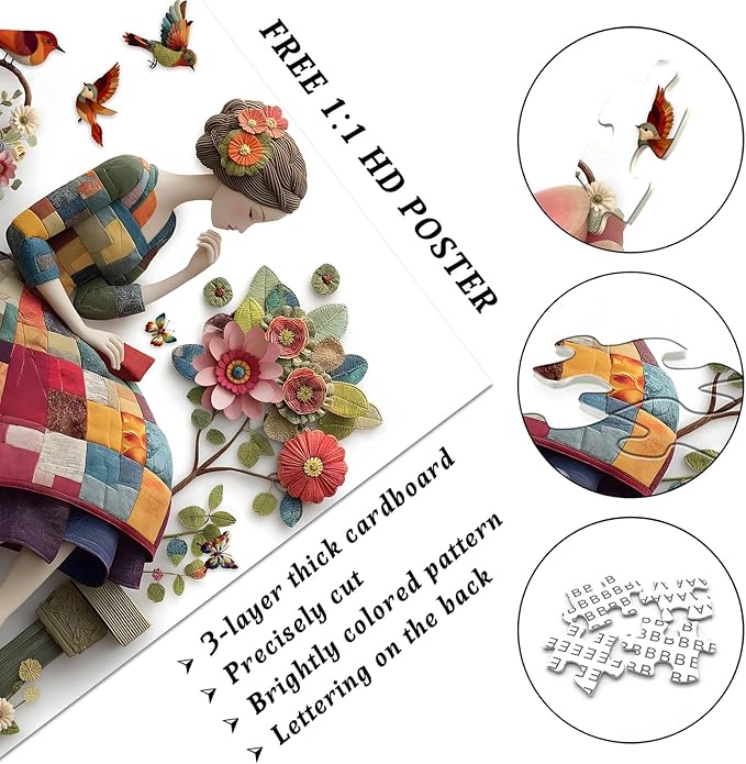 Floral Muse Jigsaw Puzzle 1000 Pieces for Adults, Patchwork Quilting Art Puzzle with Flowers Birds,Woman Flower Garden Themed, Handmade Style Sewing Puzzle Challenge