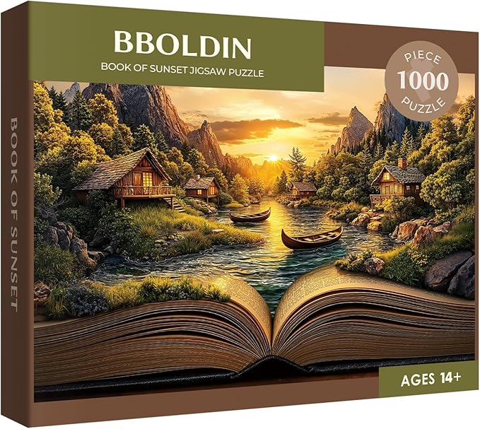 Fantasy Book Sunset Puzzle 1000 Pieces for Adults, Magic Forest Mountain Landscape Jigsaw Puzzles, Cabin Vintage Nature Scenery Puzzles
