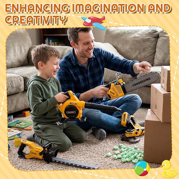 4 Pcs Toy Gardening Tool Set for Kids Toy Leaf Blower Weed Trimmer Hedge Trimmer Chainsaw Play Set with Lights and Sounds Birthday Gifts for Christmas Boys Girls
