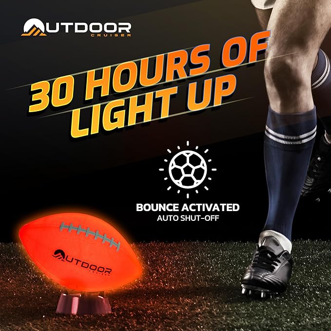 Outdoor Cruiser Light Up Football - Waterproof Rubber Construction, Glow in the Dark, Glows Up to 30 Hrs with Tap Activation, Complete Set with Pump & Spare Batteries, Official Size 6, for Ages 8-15