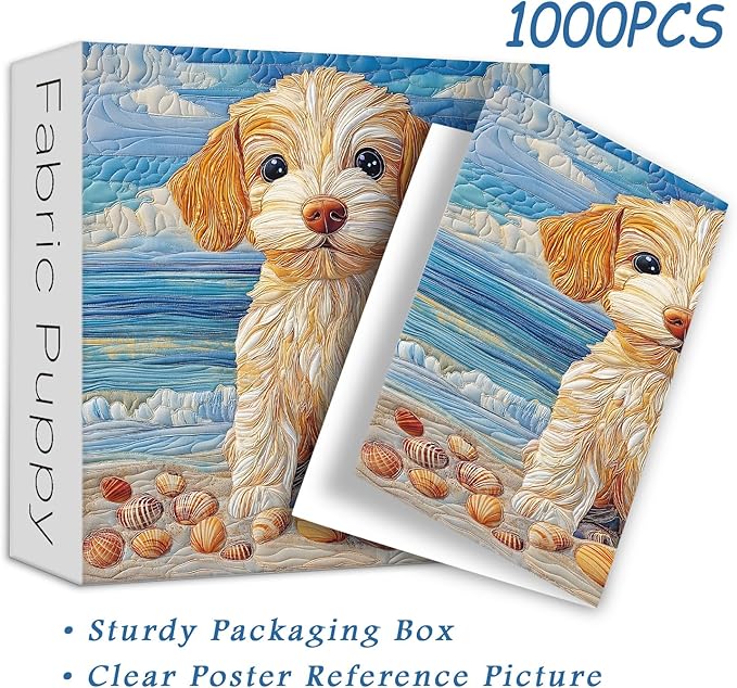 Beach Dog Puzzles 1000 Pieces for Adults, PICKFORU Fabric Art Patchwork Quilt Jigsaw Puzzles, Summer Seaside Puppy Theme as Home Decor