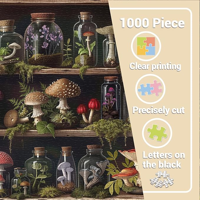 Bookshelf Mushroom Forest Puzzles for Adults 1000 Pieces. Colorful Nature Plant Jigsaw Puzzles. Challenging Family Art Puzzles