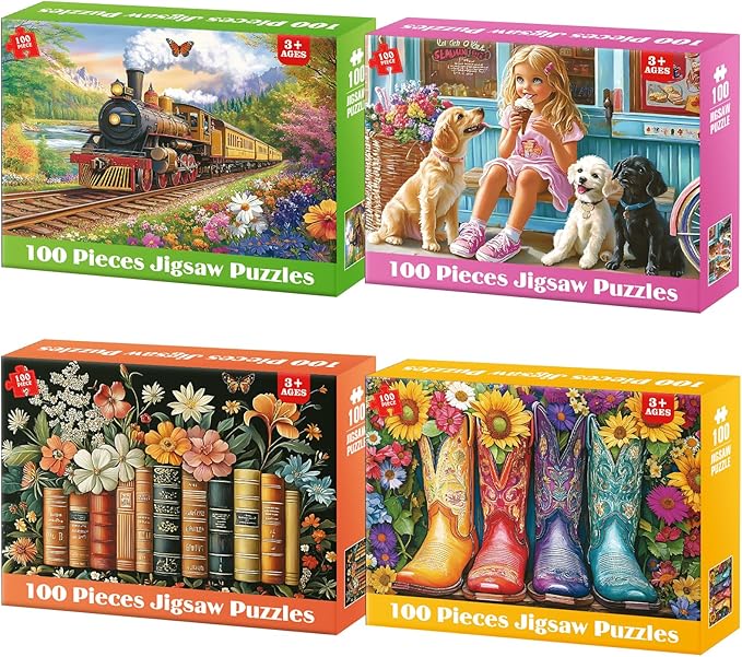 4 Packs 100 Piece Puzzle - Train Girl Vintage Books Boots, 100 Piece Puzzles for Adults Seniors Kids Puzzles for Kids Ages 4-6 6-8 8-10 Educational Jigsaw Puzzle 15"x11"