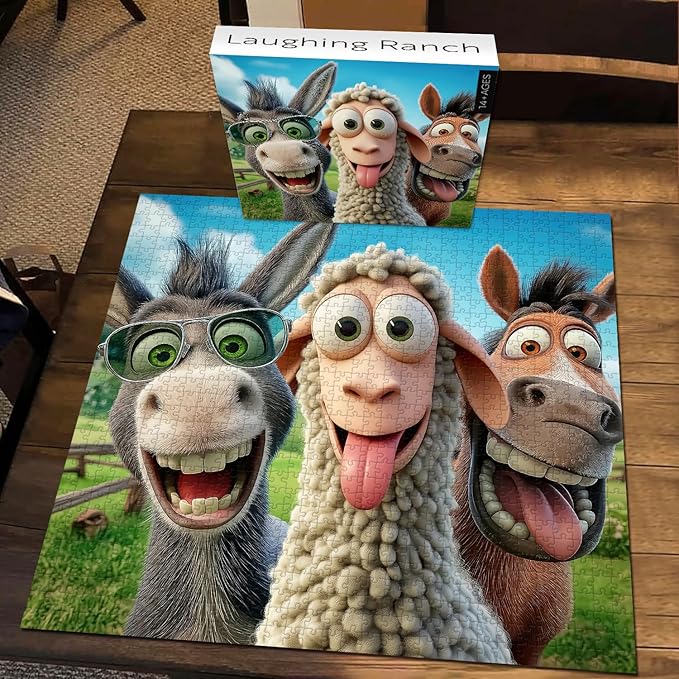 PICKFORU Laughing Ranch Jigsaw Puzzles 1000 Pieces, Funny Farm Animal Puzzles for Adults, Donkey Horse Sheep Puzzle as Home Decor