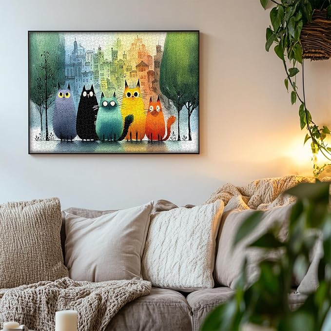 PICKFORU Gradient Cat Puzzles for Adults 1000 Pieces, Colorful City Jigsaw Puzzle, Cute Kitten Puzzle as Wall Art Decor