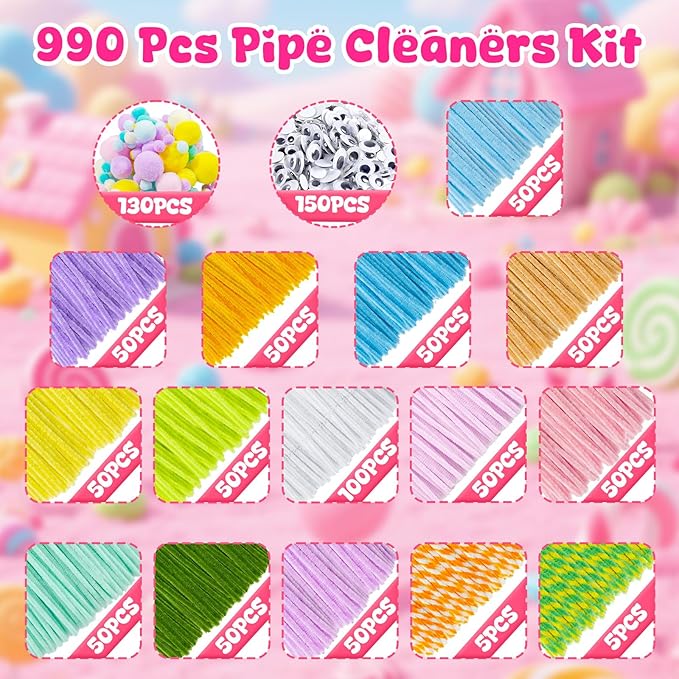X Hot Popcorn 990 Pcs Pipe Cleaners 15 Color Pipe Cleaners Craft Pastel Pipe Cleaners Macaron Chenille Stems for Arts and Craft DIY Art Supplies Creative Easter Decorations