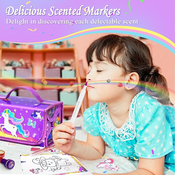 56 PCS Washable Scented Markers Set with Glitter Pencil Case, Mermaid Unicorn Arts and Crafts for kids 4-6-8 Kids Coloring Drawing Kits for 4-8 Years Old Girls Birthday Gifts