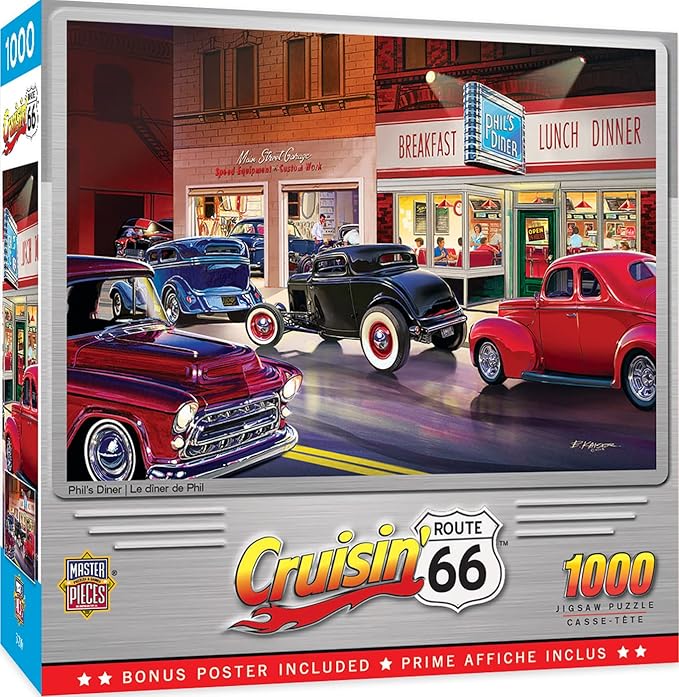 MasterPieces - 1000 Piece Jigsaw Puzzle, Route 66 Phil’s Diner, Fun for Adults, Family, Kids, 19.25" x 26.75"