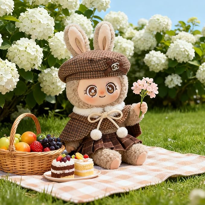 Doll Clothing Set (No Doll), Cute Cropped Straw Hat, Crossbody Bag, Dress, Suitable for 15-17cm Dolls, Outfit Accessory Set for Unique Styling (Brown-Houndstooth)