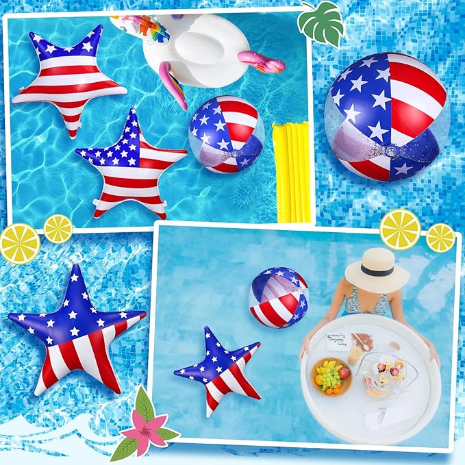 5 Pcs Inflatable 4th of July Pool Float USA 250th Anniversary American Flag Star Beach Balls Large 20'' Red White and Blue Inflatable Balls Independence Day Patriotic Decoration for Summer Pool