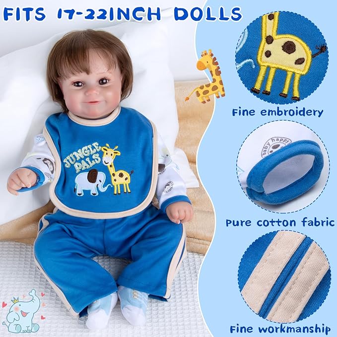 PEDOLLTREE 8 Pcs Reborn Baby Dolls Clothes Boy Accessories Outfit for 18-22 Inch Newborn Baby Reborn Dolls Clothes with Blue Monster Backpack
