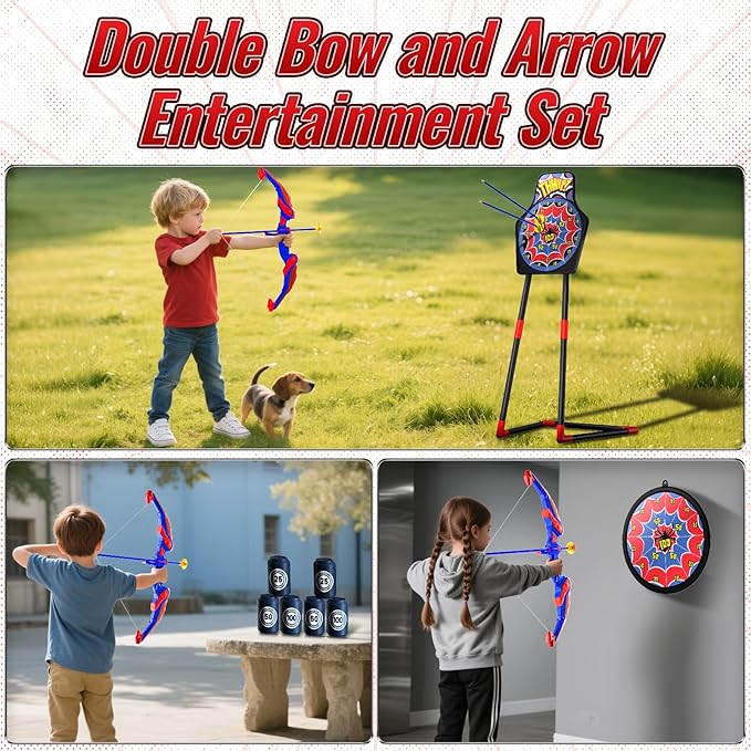 Spider Bow and Arrow Set for Kids, 2 Pack Led Archery Set, Bow Arrow Set with 20 Suction Cup Arrows, Target with Stand & 6 Target Cans, Birthday Gift Bow and Arrow Set for Kids 4-6