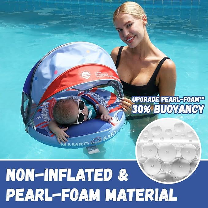 Mambobaby Baby Swim Float with Canopy Non-Inflatable Infant Pool Float with Tail 3-24 Months Avoid Flip Solid Skin-Friendly Material for Toddler Boys Girls